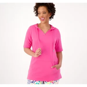 Fashion<Active French Terry Regular V-Neck Hooded Tunic - a world of fashionable women's clothing, including a wide selection of dresses and trendy accessories.