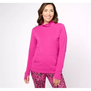Fashion<Active Jersey Mock Neck Knit Top with Kangaroo Pocket - a world of fashionable women's clothing, including a wide selection of dresses and trendy accessories.