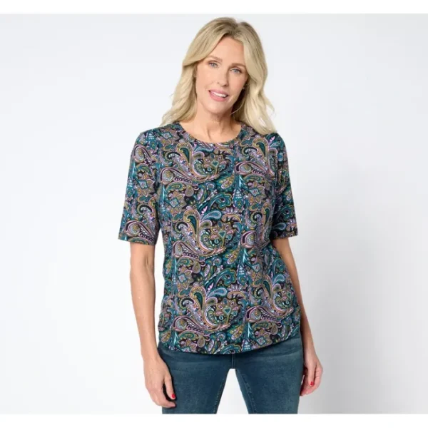 Fashion<Active Printed Jersey Elbow Sleeve Ruched Top - a world of fashionable women's clothing, including a wide selection of dresses and trendy accessories.