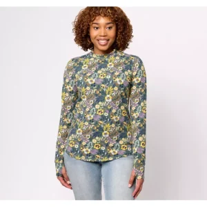 Fashion<Active Printed Jersey Mock Neck L/S Top with Curved Hem - a world of fashionable women's clothing, including a wide selection of dresses and trendy accessories.