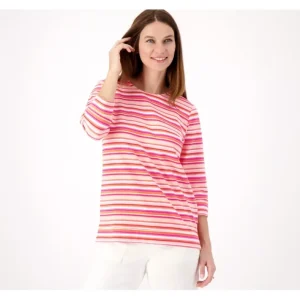 Fashion<Active Striped French Terry 3/4 Sleeve Top - a world of fashionable women's clothing, including a wide selection of dresses and trendy accessories.