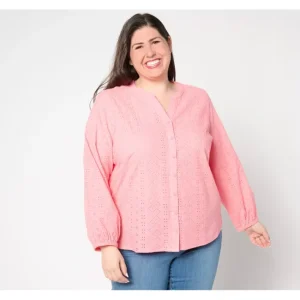 Fashion<Adaptive Cotton Eyelet Button Down Shirt - a world of fashionable women's clothing, including a wide selection of dresses and trendy accessories.