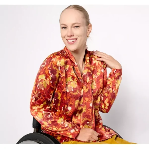 Fashion<Adaptive Floral Printed Blouse with Neck Tie Detail - a world of fashionable women's clothing, including a wide selection of dresses and trendy accessories.