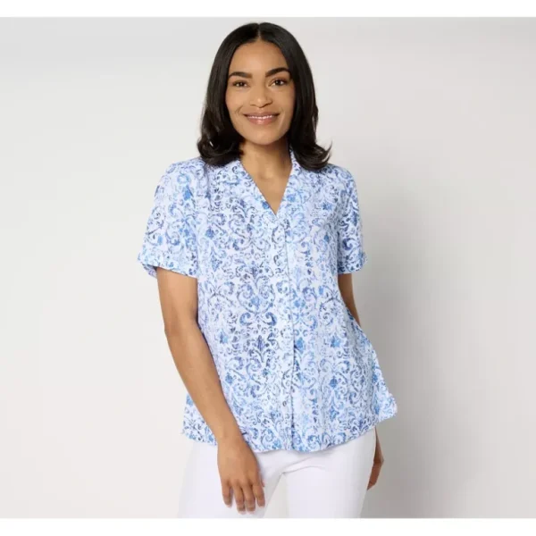 Adaptive Printed Button Down Shirt with Side Slits - a world of fashionable women's clothing, including a wide selection of dresses and trendy accessories.> Hat