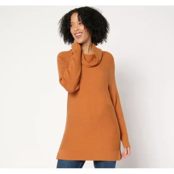 Shop All<AnyBody Brushed Rib Cowl Neck Sweater Cut Out Hem - a world of fashionable women's clothing, including a wide selection of dresses and trendy accessories.