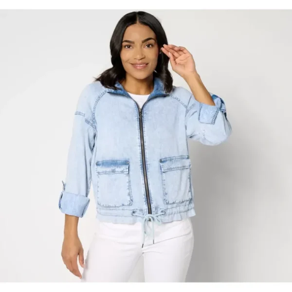 AnyBody Drapey Denim Lightweight Jacket with Drawcord Hem - a world of fashionable women's clothing, including a wide selection of dresses and trendy accessories.> Hat