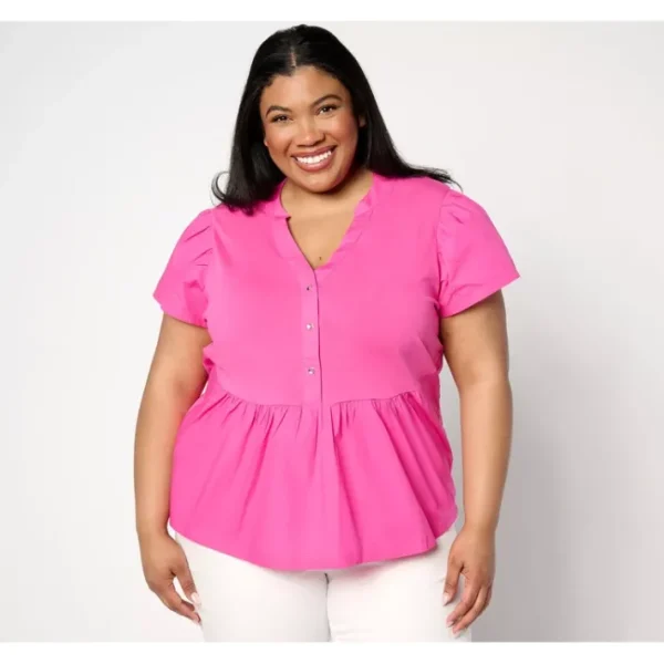 Shop All<AnyBody Flutter Sleeve Knit Woven Henley Top - a world of fashionable women's clothing, including a wide selection of dresses and trendy accessories.