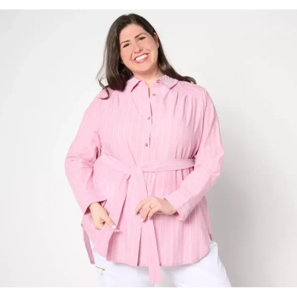 Shop All<AnyBody Long Sleeve Button Front Woven Tunic with Tie Waist - a world of fashionable women's clothing, including a wide selection of dresses and trendy accessories.