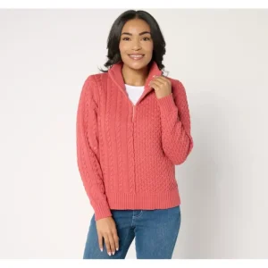 AnyBody Mixed Stitch Half Zip Sweater with Side Slits - a world of fashionable women's clothing, including a wide selection of dresses and trendy accessories.> Hat