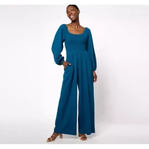 AnyBody Petite Daydreamer Knit Jumpsuit with Smocking - a world of fashionable women's clothing, including a wide selection of dresses and trendy accessories.> Hat
