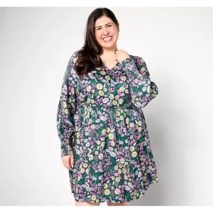 Dresses<AnyBody Petite Printed Knee Length Dress with Smocked Sleeves - a world of fashionable women's clothing, including a wide selection of dresses and trendy accessories.