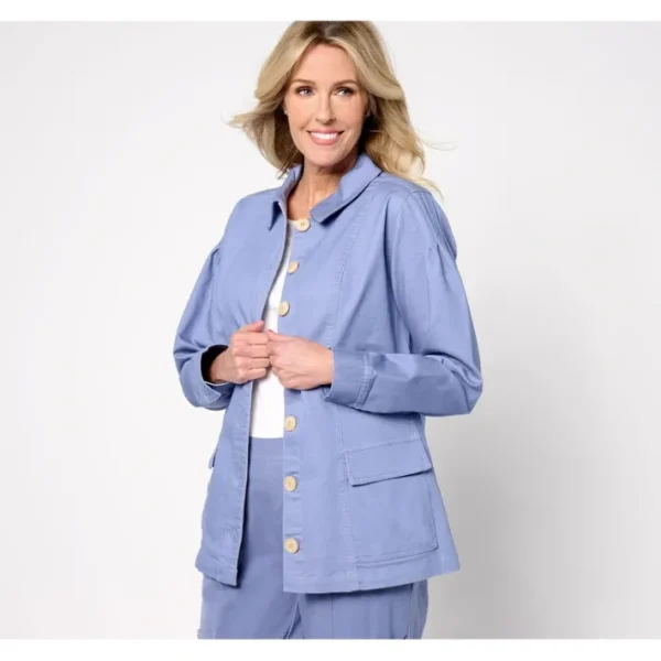 Shop All<AnyBody Petite Stretch Twill Utility Jacket with Pockets - a world of fashionable women's clothing, including a wide selection of dresses and trendy accessories.