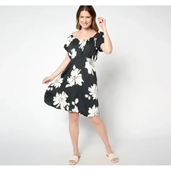 Dresses<AnyBody Petite Woven Printed Puff Sleeve Dress - a world of fashionable women's clothing, including a wide selection of dresses and trendy accessories.