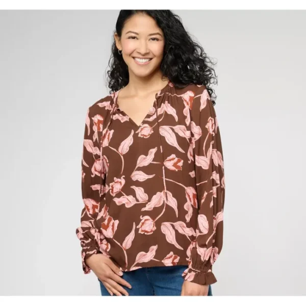 Shop All<AnyBody Printed Long Sleeve Split Neck Pullover Blouse - a world of fashionable women's clothing, including a wide selection of dresses and trendy accessories.
