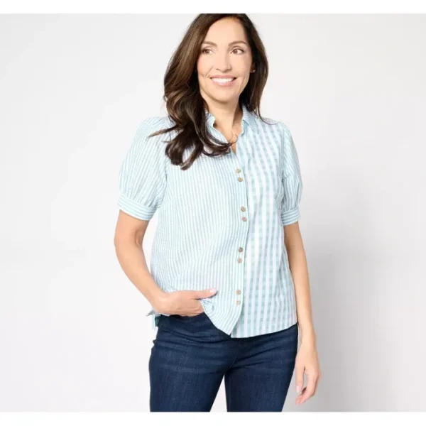 Shop All<AnyBody Puff Sleeve Collar Shirt with Step Hem - a world of fashionable women's clothing, including a wide selection of dresses and trendy accessories.