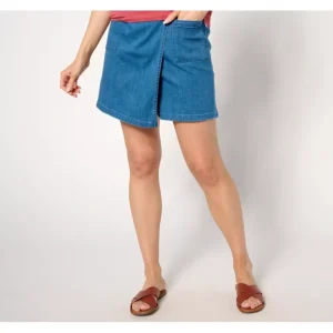 AnyBody Regular Faux Wrap Pull-On Denim Skort- Medium Wash - a world of fashionable women's clothing, including a wide selection of dresses and trendy accessories.> Dresses