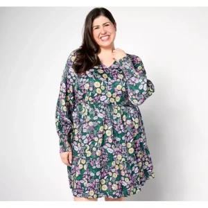 Dresses<AnyBody Regular Printed Knee Length Dress with Smocked Sleeves - a world of fashionable women's clothing, including a wide selection of dresses and trendy accessories.