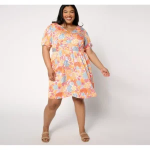 Dresses<AnyBody Regular Printed Puff Sleeve Woven Dress - a world of fashionable women's clothing, including a wide selection of dresses and trendy accessories.