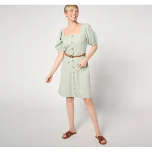 Dresses<AnyBody Regular Sueded Twill Puff Sleeve Belted Cargo Dress - a world of fashionable women's clothing, including a wide selection of dresses and trendy accessories.
