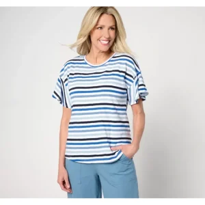 Fashion<AnyBody Short Flutter Sleeve Striped Knit T-Shirt - a world of fashionable women's clothing, including a wide selection of dresses and trendy accessories.