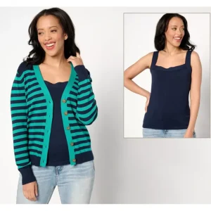AnyBody Striped Sweater Cardigan and Tank Set - a world of fashionable women's clothing, including a wide selection of dresses and trendy accessories.> Hat