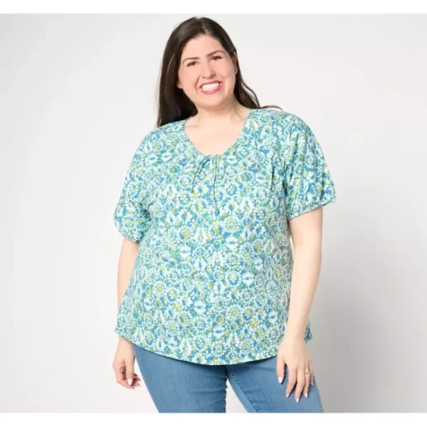 Shop All<AnyBody V-Neck Short Sleeve Printed Top - a world of fashionable women's clothing, including a wide selection of dresses and trendy accessories.