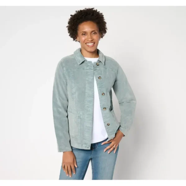 Shop All<AnyBody Washed Stretch Corduroy Jacket with Pockets - a world of fashionable women's clothing, including a wide selection of dresses and trendy accessories.