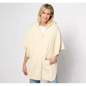 Fashion<Aran Craft Merino Wool Zip Front Poncho with Pockets and Hood - a world of fashionable women's clothing, including a wide selection of dresses and trendy accessories.