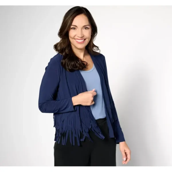 Shop All<Attitudes by Renee Como Jersey Knit Fringe Cardigan - a world of fashionable women's clothing, including a wide selection of dresses and trendy accessories.