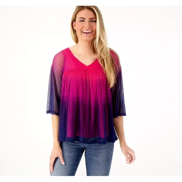 Shop All<Attitudes by Renee Como Jersey Mesh Ombre Swing Top - a world of fashionable women's clothing, including a wide selection of dresses and trendy accessories.