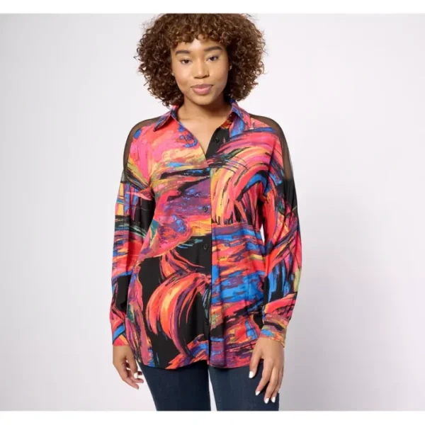 Shop All<Attitudes by Renee Como Jersey Mesh Shoulder Shirt - a world of fashionable women's clothing, including a wide selection of dresses and trendy accessories.