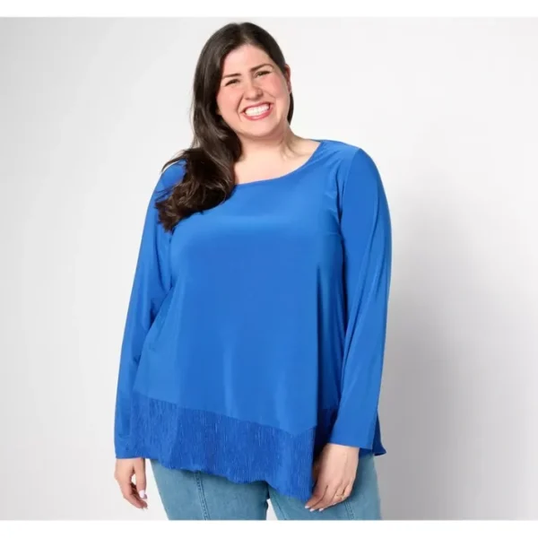 Shop All<Attitudes by Renee Como Jersey Mix Media Asymmetric Top - a world of fashionable women's clothing, including a wide selection of dresses and trendy accessories.