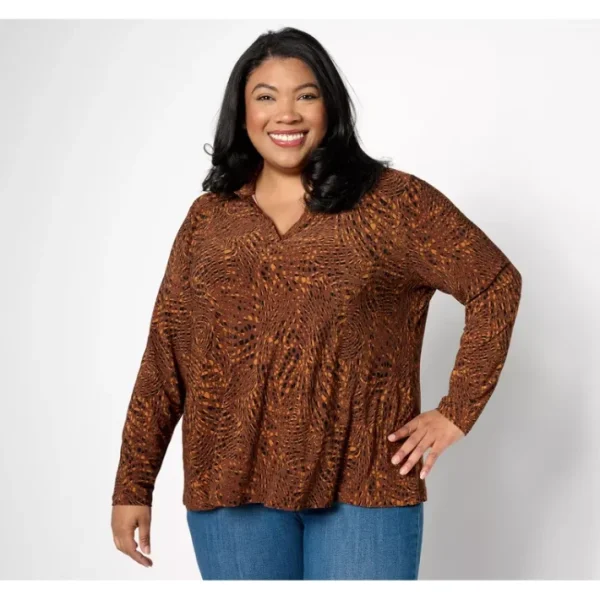 Shop All<Attitudes by Renee Como Jersey Printed Collared Top - a world of fashionable women's clothing, including a wide selection of dresses and trendy accessories.