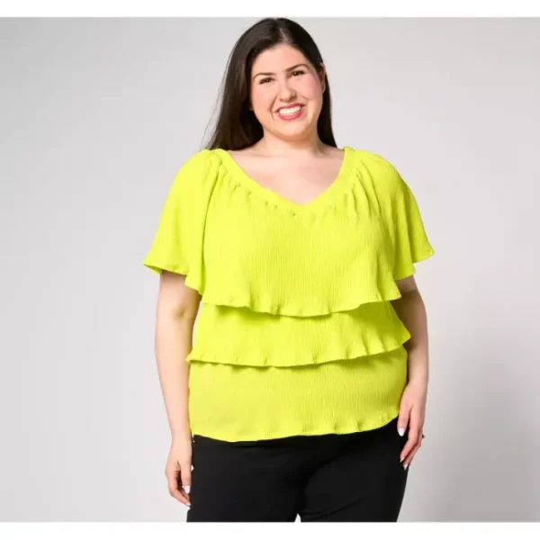 Shop All<Attitudes by Renee Crinkle Knit Ruffle Top - a world of fashionable women's clothing, including a wide selection of dresses and trendy accessories.
