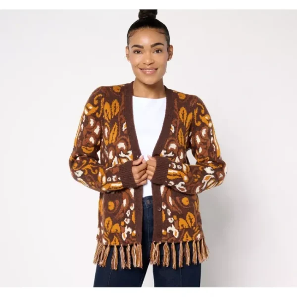Shop All<Attitudes by Renee Jacquard Cardigan w/ Fringe Hem - a world of fashionable women's clothing, including a wide selection of dresses and trendy accessories.