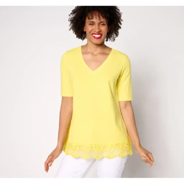 Shop All<Attitudes by Renee Knit Short Sleeve Top w/ Lace Hem - a world of fashionable women's clothing, including a wide selection of dresses and trendy accessories.