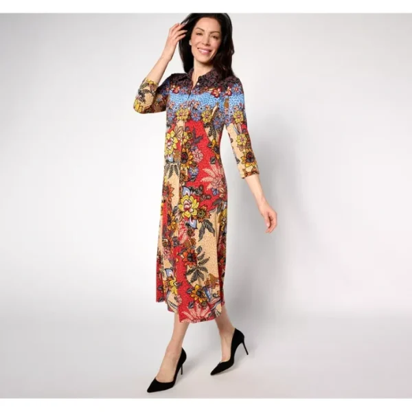 Dresses<Attitudes by Renee Petite Border Print Button Down Dress - a world of fashionable women's clothing, including a wide selection of dresses and trendy accessories.