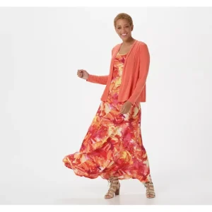 Dresses<Attitudes by Renee Petite Como Jersey Printed Maxi Dress w/ Shrug - a world of fashionable women's clothing, including a wide selection of dresses and trendy accessories.