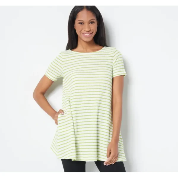 Shop All<Attitudes by Renee Petite Striped Short Sleeve Tunic with Pockets - a world of fashionable women's clothing, including a wide selection of dresses and trendy accessories.