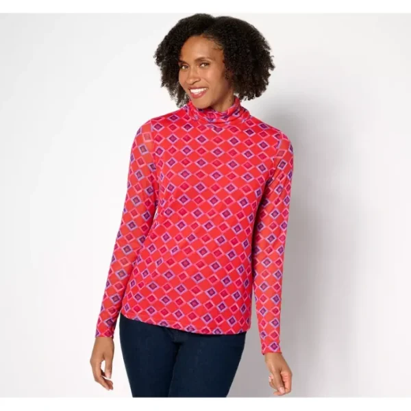 Shop All<Attitudes by Renee Printed Mesh Mock Neck Top - a world of fashionable women's clothing, including a wide selection of dresses and trendy accessories.