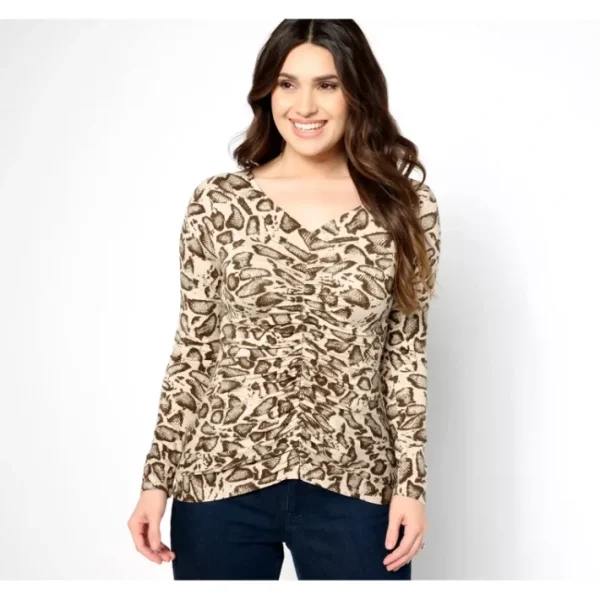 Shop All<Attitudes by Renee Printed V-Neck Ruched Front Top - a world of fashionable women's clothing, including a wide selection of dresses and trendy accessories.