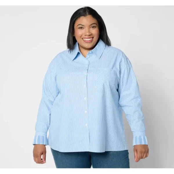 Shop All<Attitudes by Renee Regular Woven Button Front Shirt w/ Pleated Cuffs - a world of fashionable women's clothing, including a wide selection of dresses and trendy accessories.