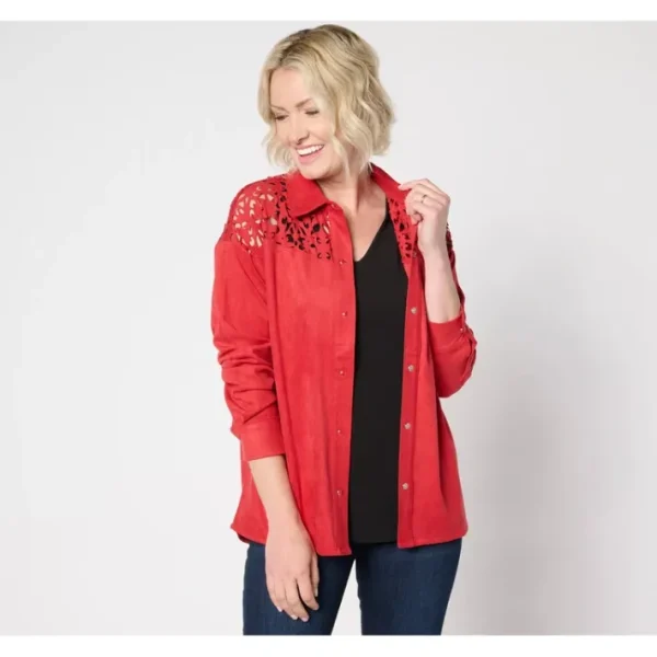 Shop All<Attitudes by Renee Suede Button Front Lazer Cut Outs - a world of fashionable women's clothing, including a wide selection of dresses and trendy accessories.
