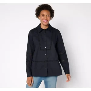 Fashion<Attitudes by Renee Woven Button Front Top w/ Lace - a world of fashionable women's clothing, including a wide selection of dresses and trendy accessories.