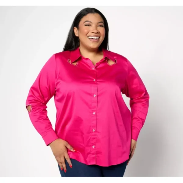 Shop All<Attitudes by Renee Woven Heart Cutout Button Front Shirt - a world of fashionable women's clothing, including a wide selection of dresses and trendy accessories.