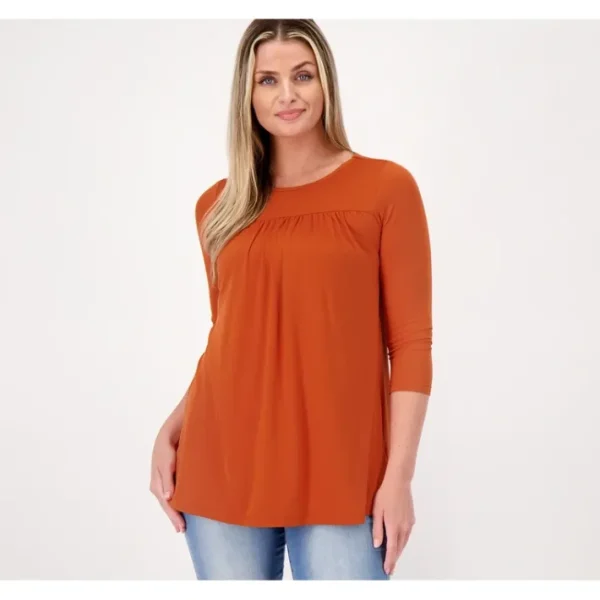 Shop All<Attitudes by Renee Yummy Jersey 3/4 Sleeve Flounce Top - a world of fashionable women's clothing, including a wide selection of dresses and trendy accessories.
