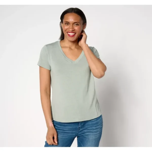 Shop All<Barefoot Dreams Malibu Collection Slub Burnout V-Neck Tee - a world of fashionable women's clothing, including a wide selection of dresses and trendy accessories.