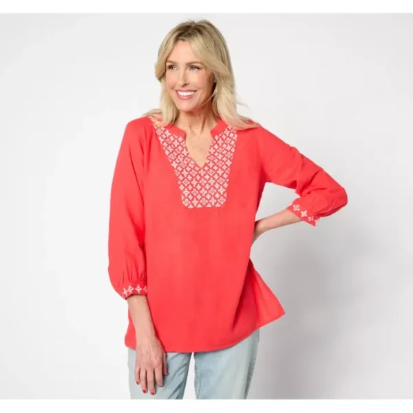 Shop All<BEAUTIFUL by Lawrence Zarian Embroidered Linen Blend Top - a world of fashionable women's clothing, including a wide selection of dresses and trendy accessories.