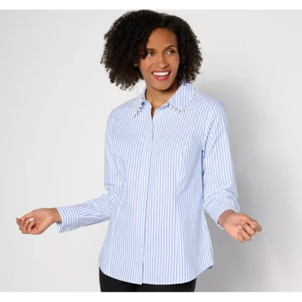 Fashion<BEAUTIFUL by Lawrence Zarian Hidden Placket Poplin Shirt w/ Pearl Trim - a world of fashionable women's clothing, including a wide selection of dresses and trendy accessories.