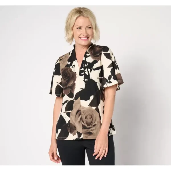 Shop All<BEAUTIFUL by Lawrence Zarian Knit Crepe Pleated V-Neck Printed Top - a world of fashionable women's clothing, including a wide selection of dresses and trendy accessories.